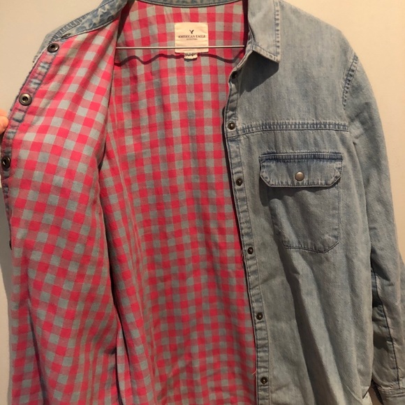 Plaid Lined Denim Boyfriend Shirt - Picture 4 of 7